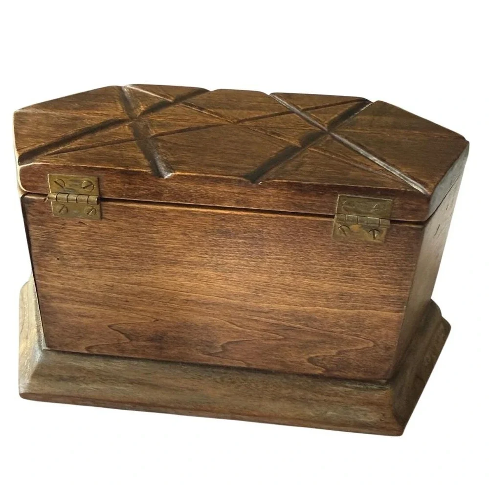 Vintage Hand Carved Wood Box‎ Geometric Star Hexagon MCM Keepsake Chest 8.5